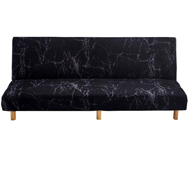 WOMACO Printed Futon Cover Stretch Sofa Bed Slipcovers Full Twin Queen Size Armless Couch Loveseat Protector Covers with Elastic Bottom for Living Room Bedroom Furniture (Black Marble, 63"-75") - Image 1